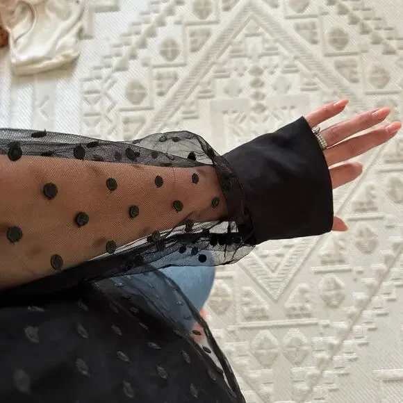 NWT J. Crew Tie-Neck Long Sleeve Top in Dotted Tulle Black 16 $148 - Picture 7 of 12